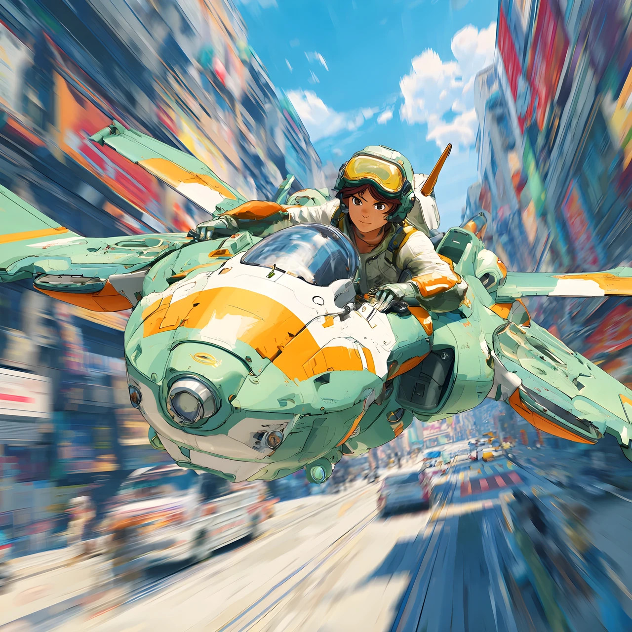 Héroe de anime de mediana edad en escena futurista de acción aérea