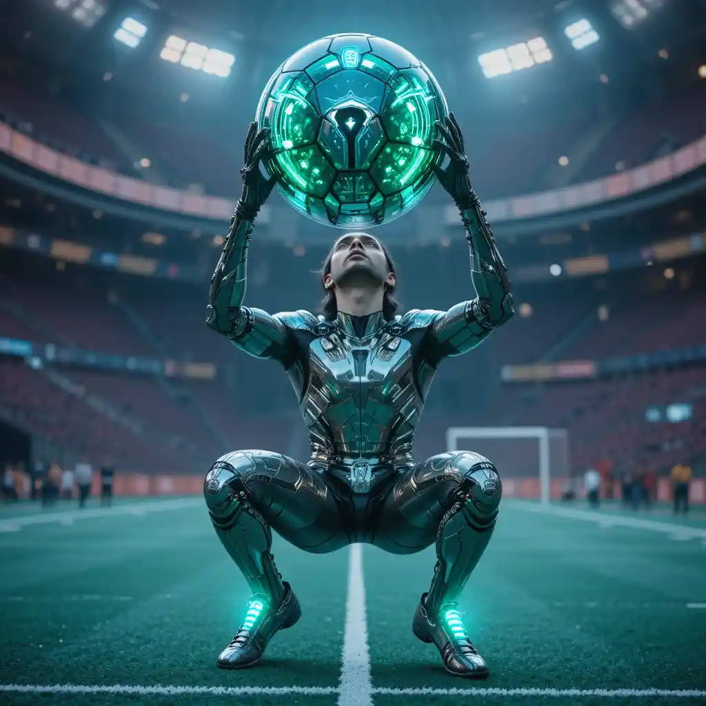 Futuristic goalkeeper flying to block a glowing metal soccer ball