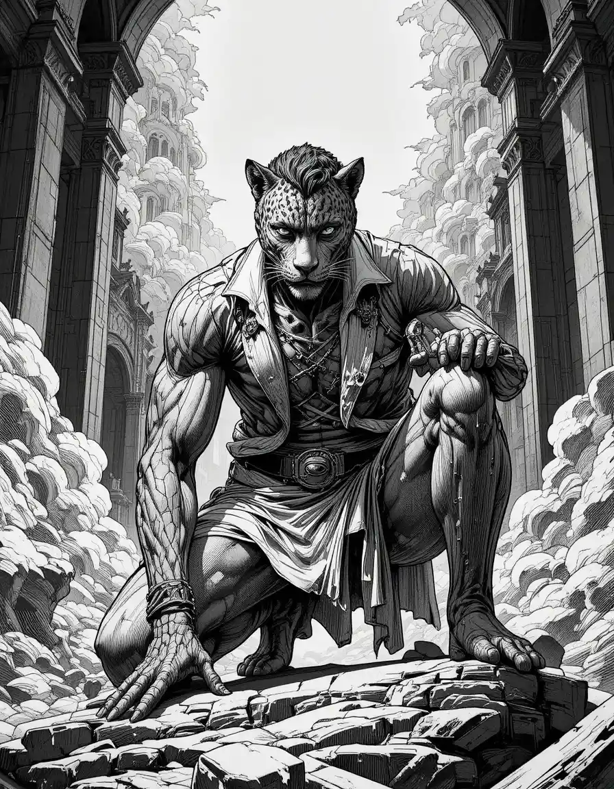 Anthropomorphic male leopard crouched in dramatic close up engraving