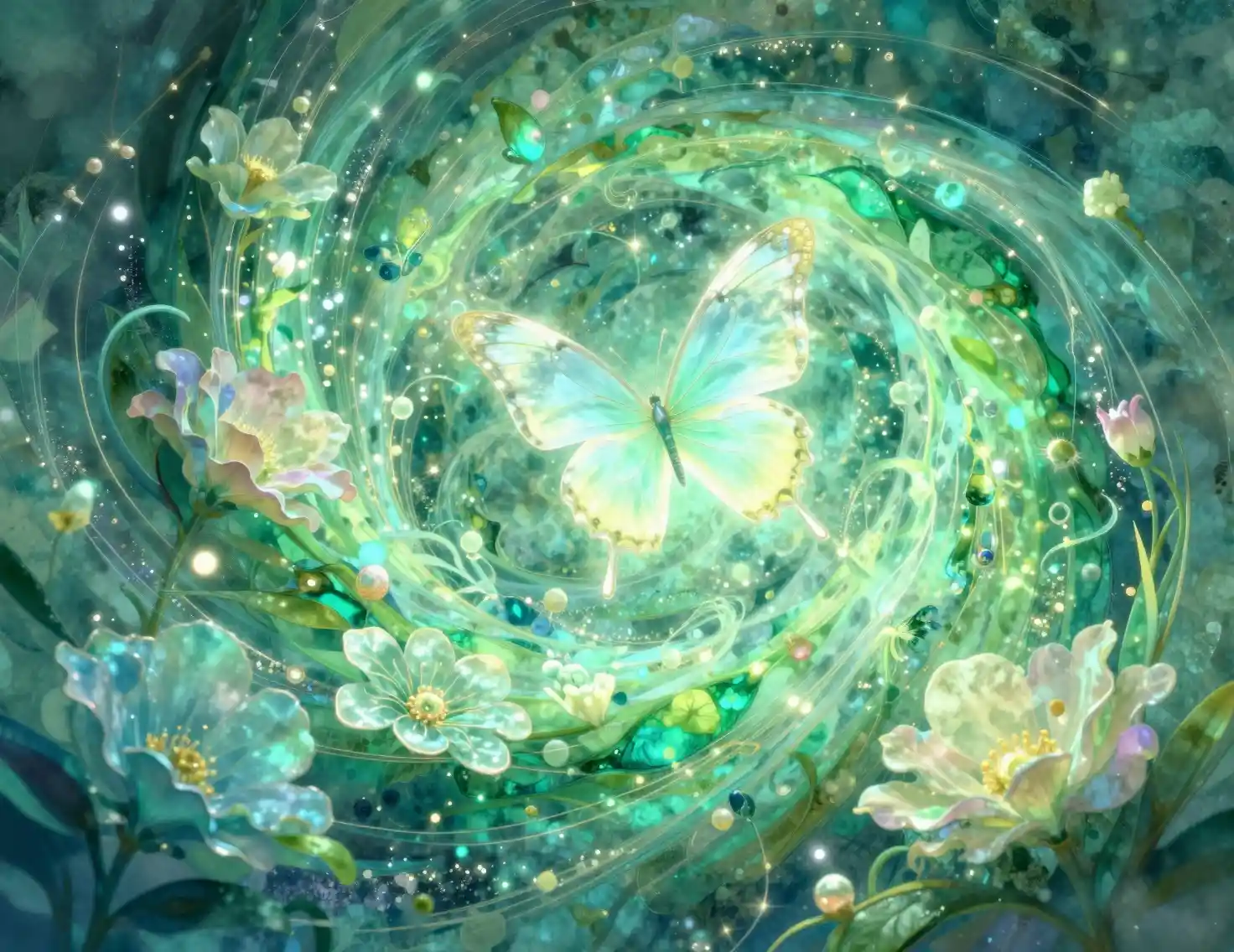 Farfalla luminosa in un vortice magico verde e verde acqua