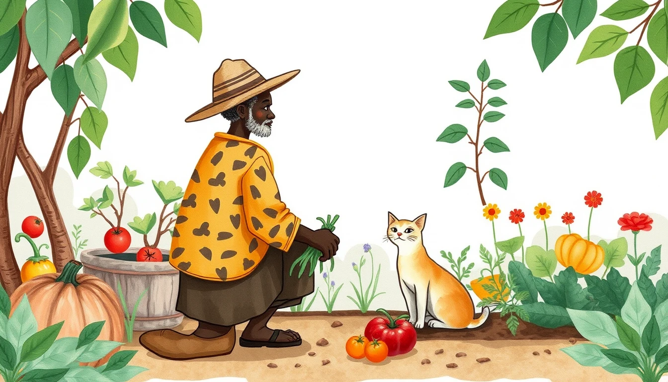 Elderly man tending a vegetable garden in African savanna