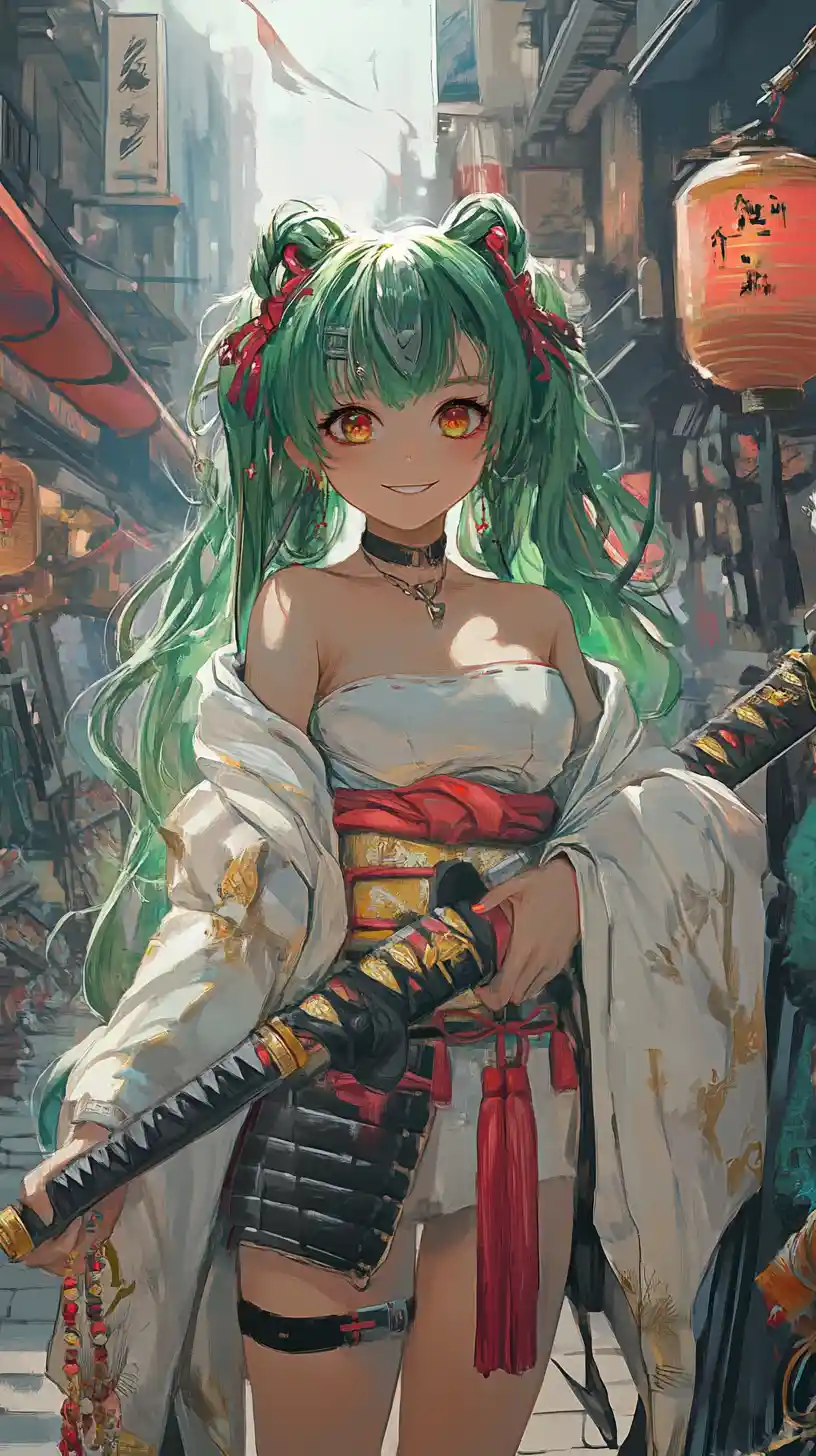 Anime girl with katana facing ghostly puppets in market hall