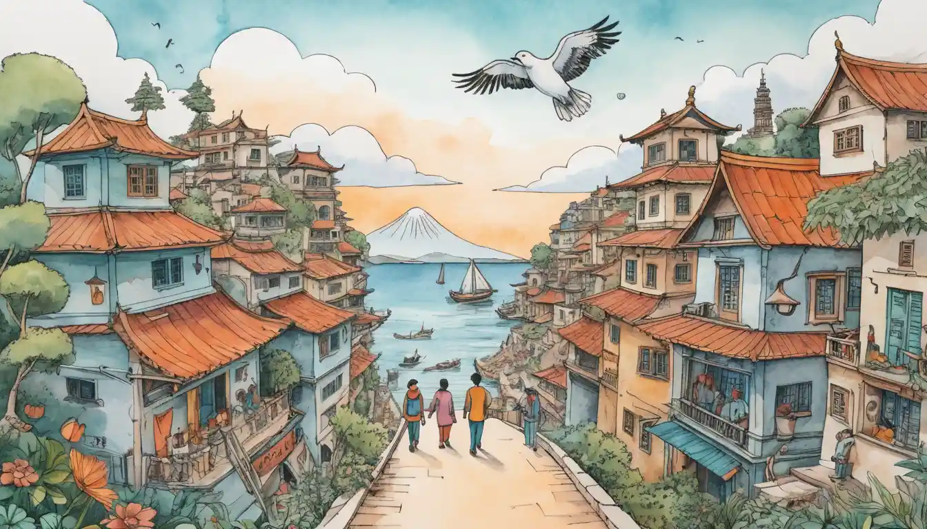 Hand drawn Kathmandu inspired cityscape in watercolor illustration