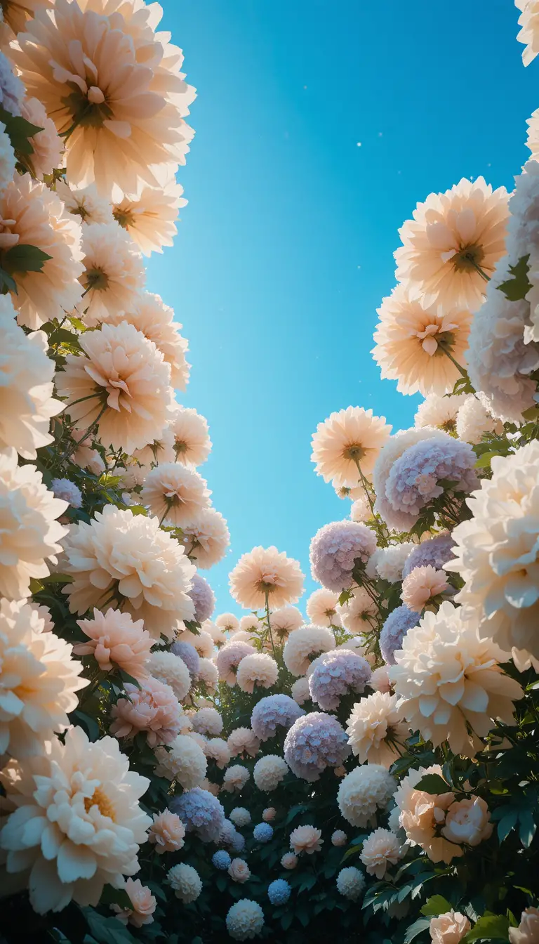 Low angle view of blooming garden flowers against blue sky