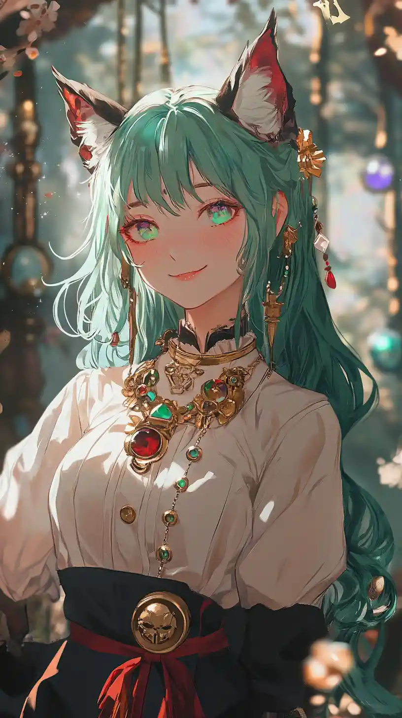 Smiling anime girl with green hair at a Halloween party