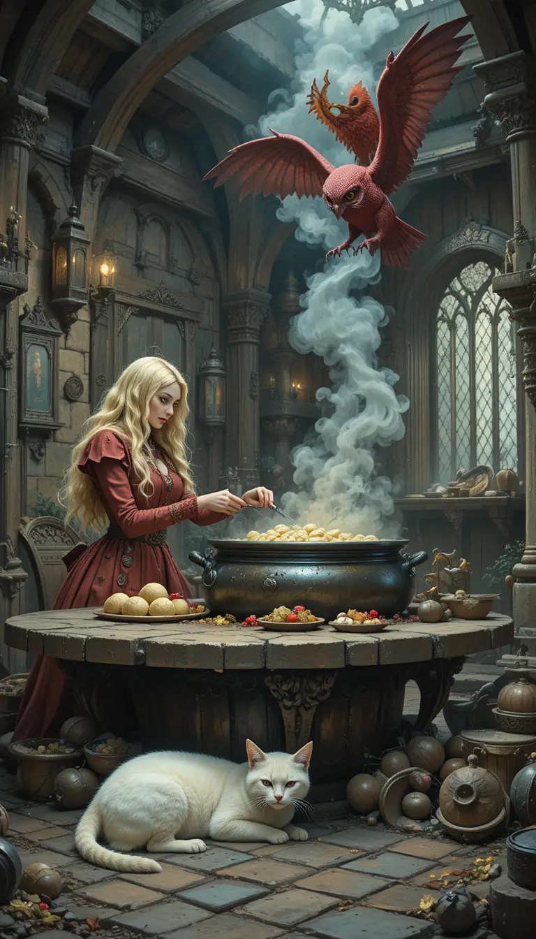 Young witch cooking dumplings in a giant cauldron