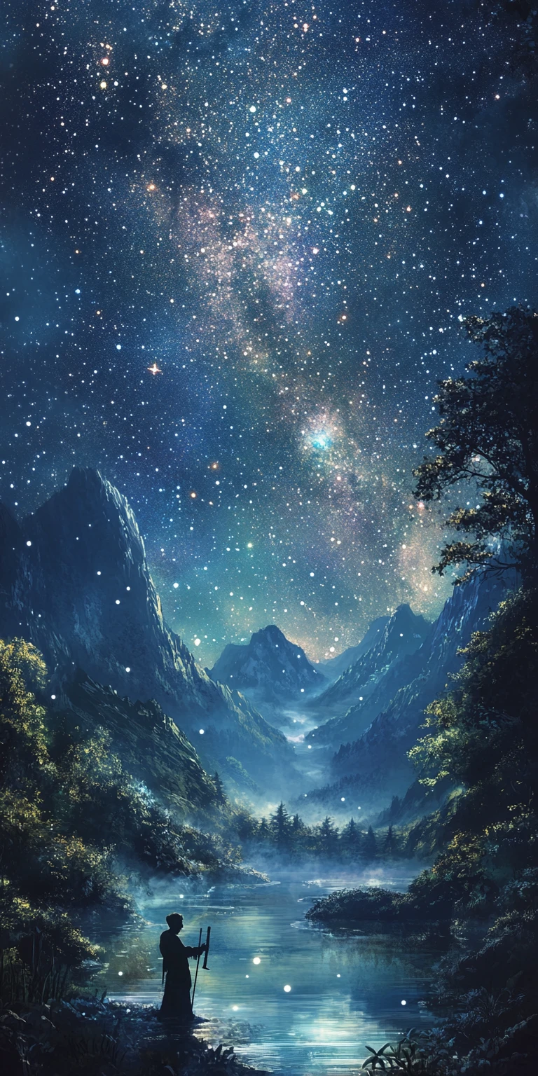 Cowherd and weaver girl by a misty river under stars