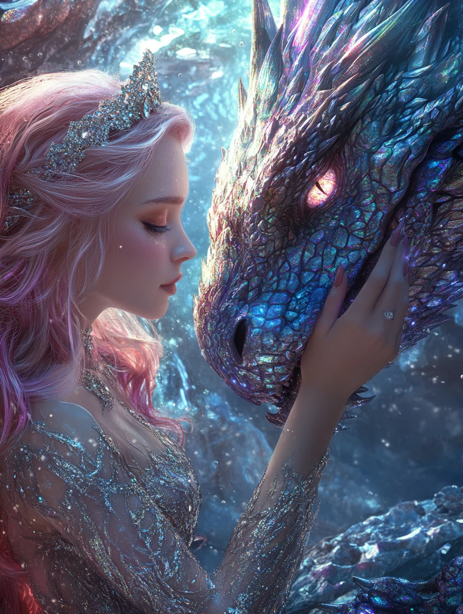 Ragazza in abito tempestato di gioielli che tocca un drago arcobaleno