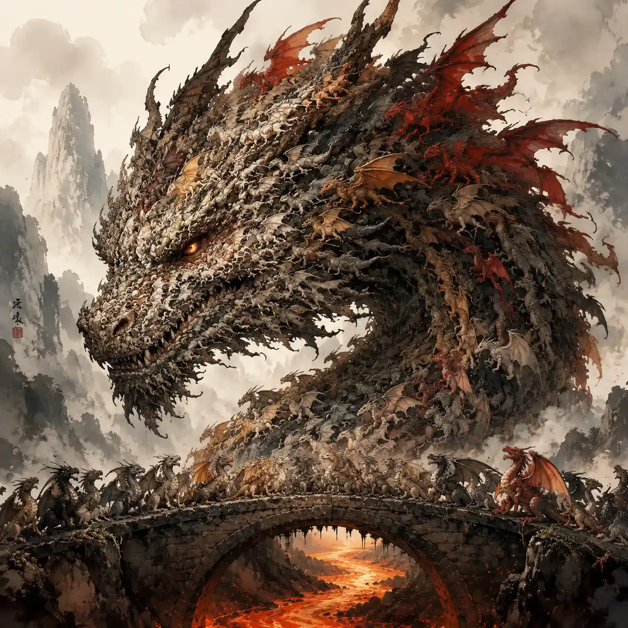 Surreal Dragon Portrait Above A River Of Lava