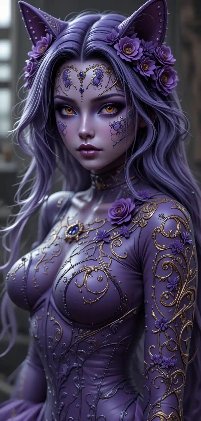 Fantasy feline maiden with ornate fur boots and runes