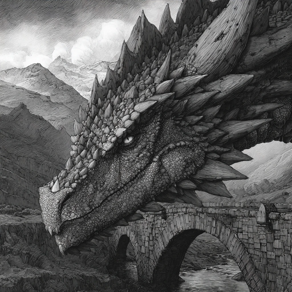 Surreal ink dragon made of smaller dragons on lava bridge