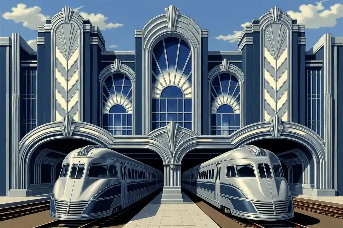 Retrofuturistic art deco train terminal with sleek locomotives