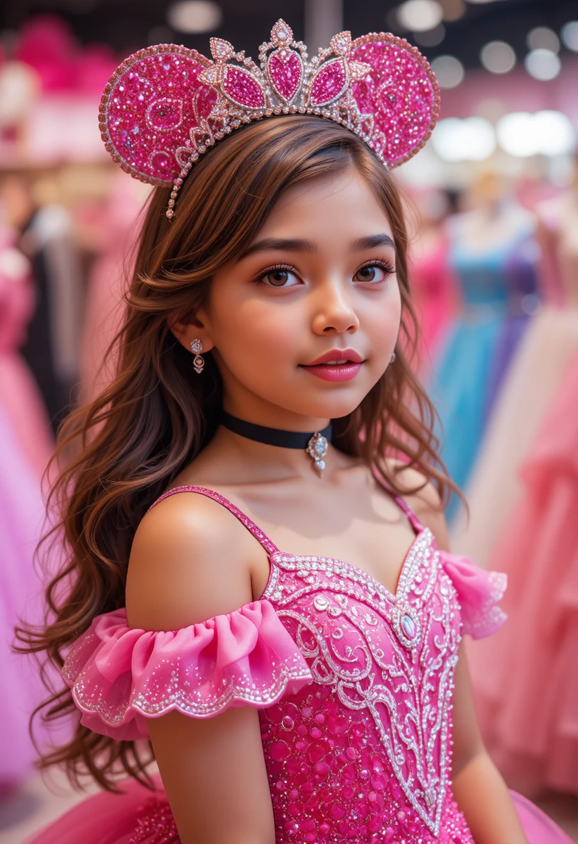 Junge Prinzessin im rosa Kleid in einer Boutique