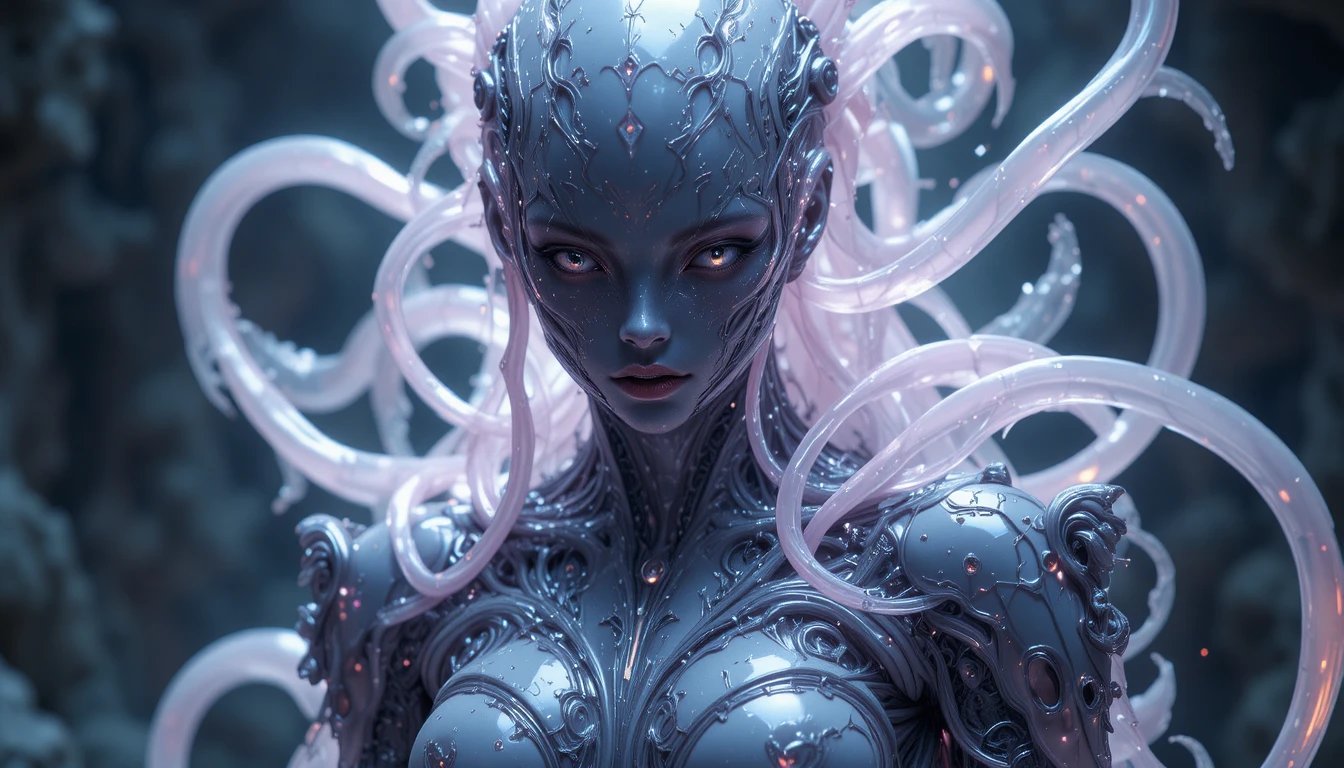 Mulher futurista fundida com armadura de látex vivo e fluido