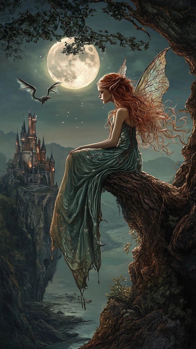 Delicate fairy on tree branch gazing toward distant castle