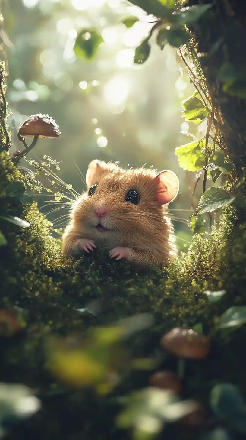 Winziger Hamster in einem moosigen Waldtal im Sonnenlicht