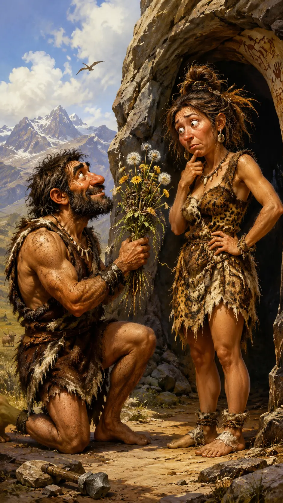 Paleolithic man offering a weed bouquet to a confused woman
