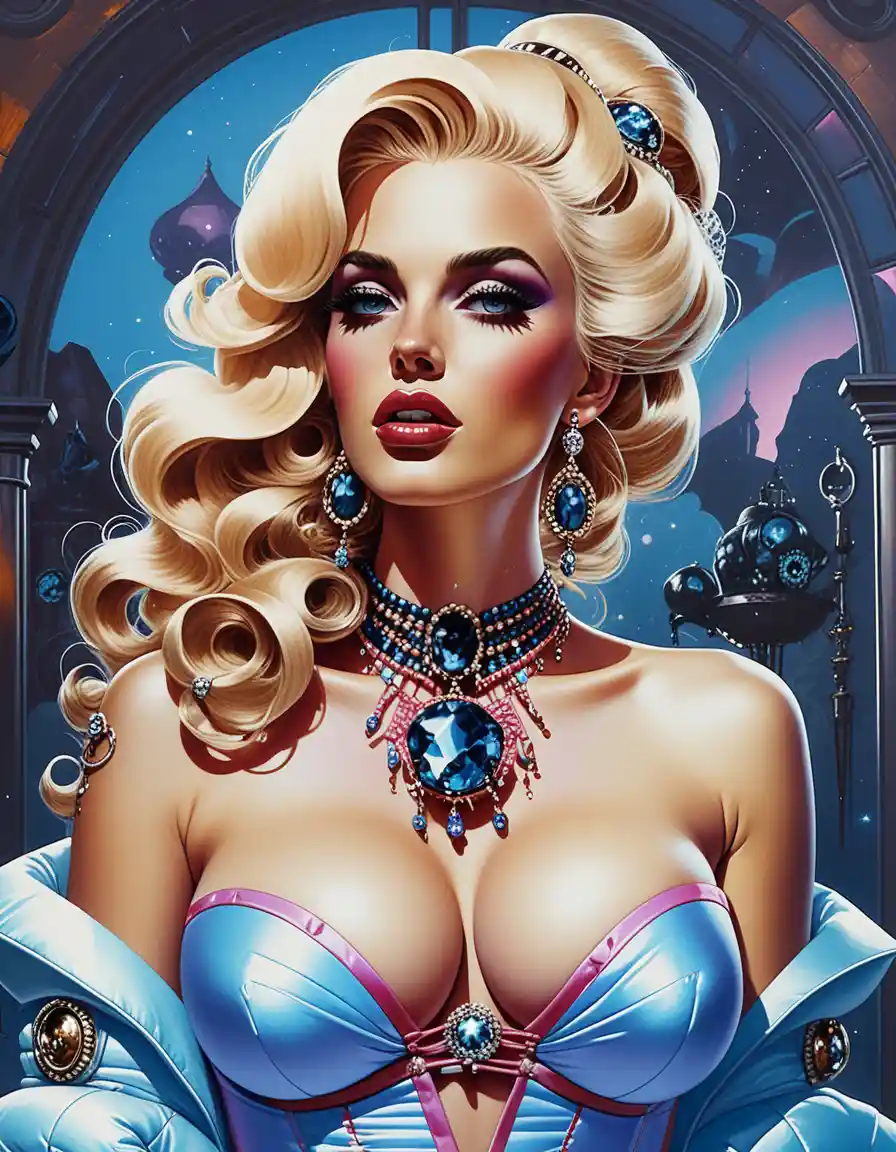 Femme blonde platine glamour en pose de boudoir baroque