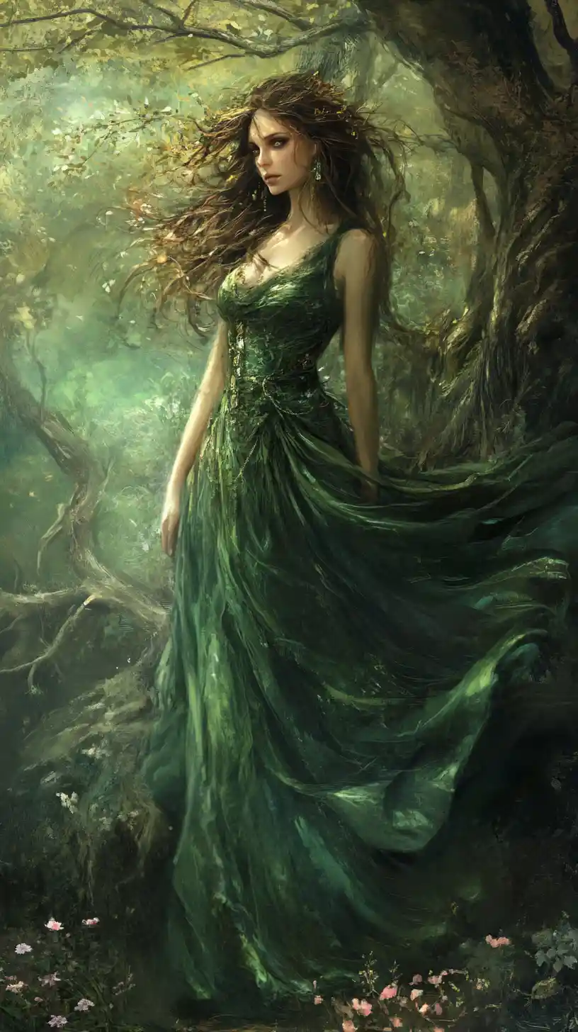 Mysterious Forest Spirit Woman In Emerald Green Gown