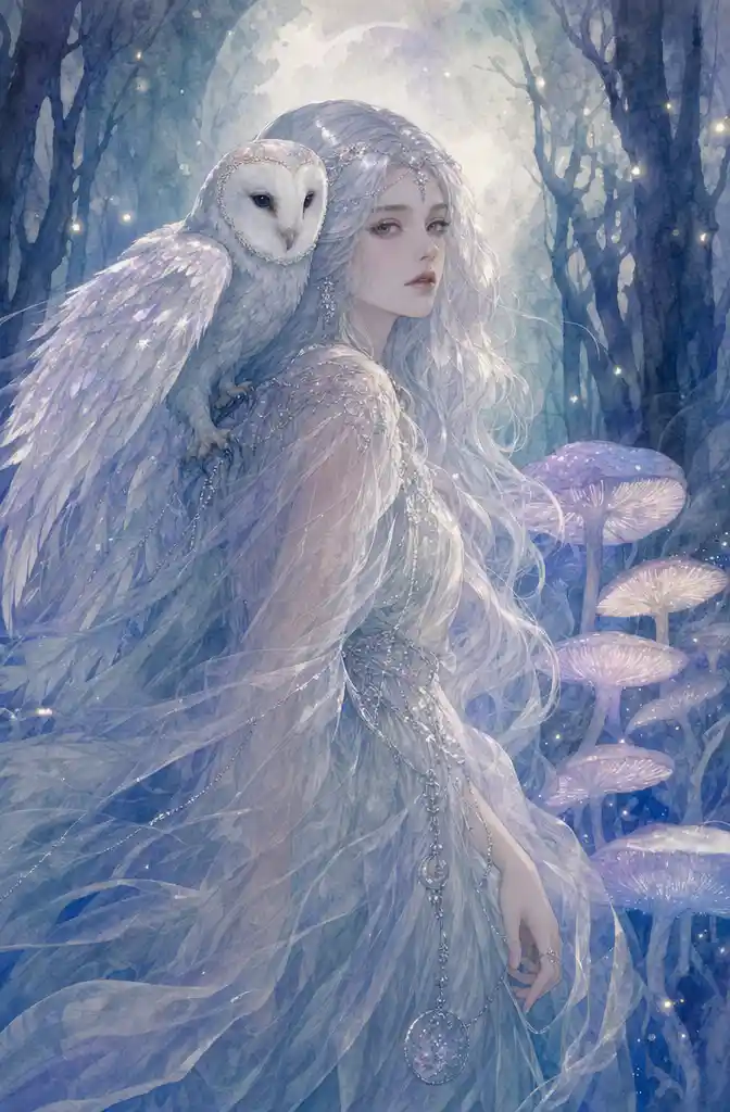 Mystical witch with owl in silver forest mist