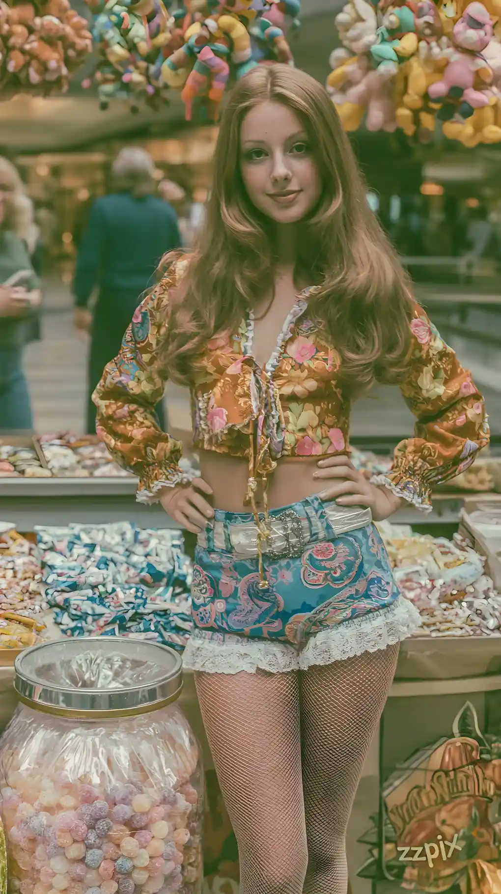 Young 1970s mother selling candy outside a busy mall