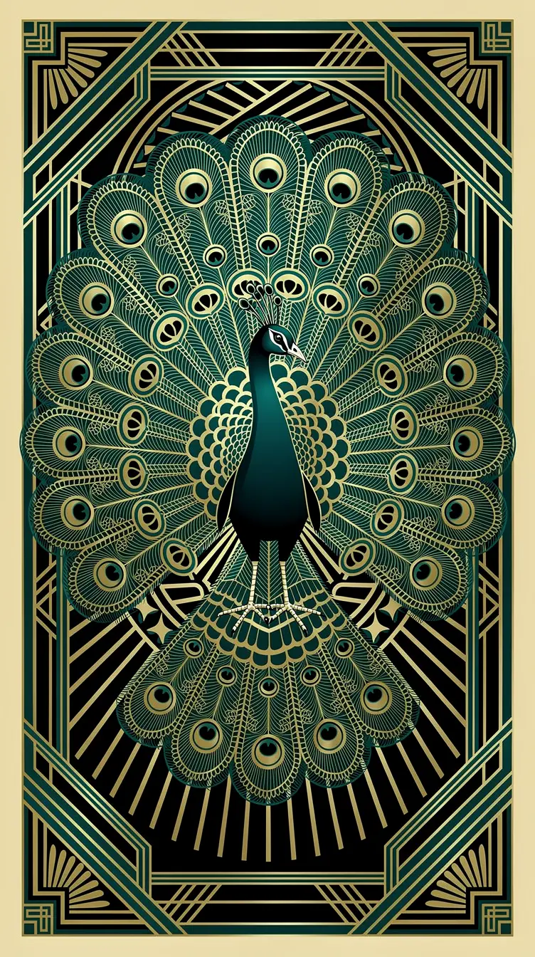 Art deco peacock with ornate geometric fan tail
