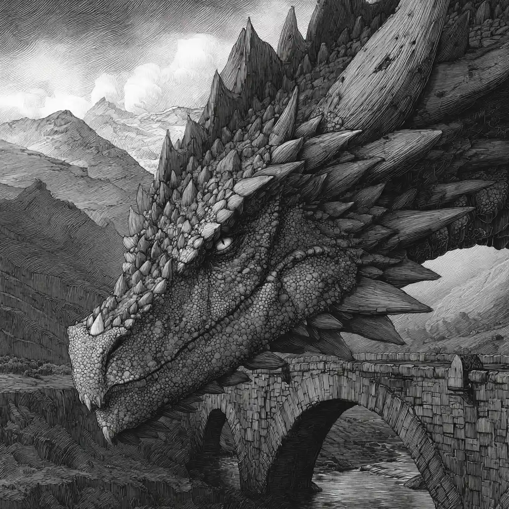 溶岩の橋に立つ小さなドラゴンで形作られたシュールな墨絵のドラゴン