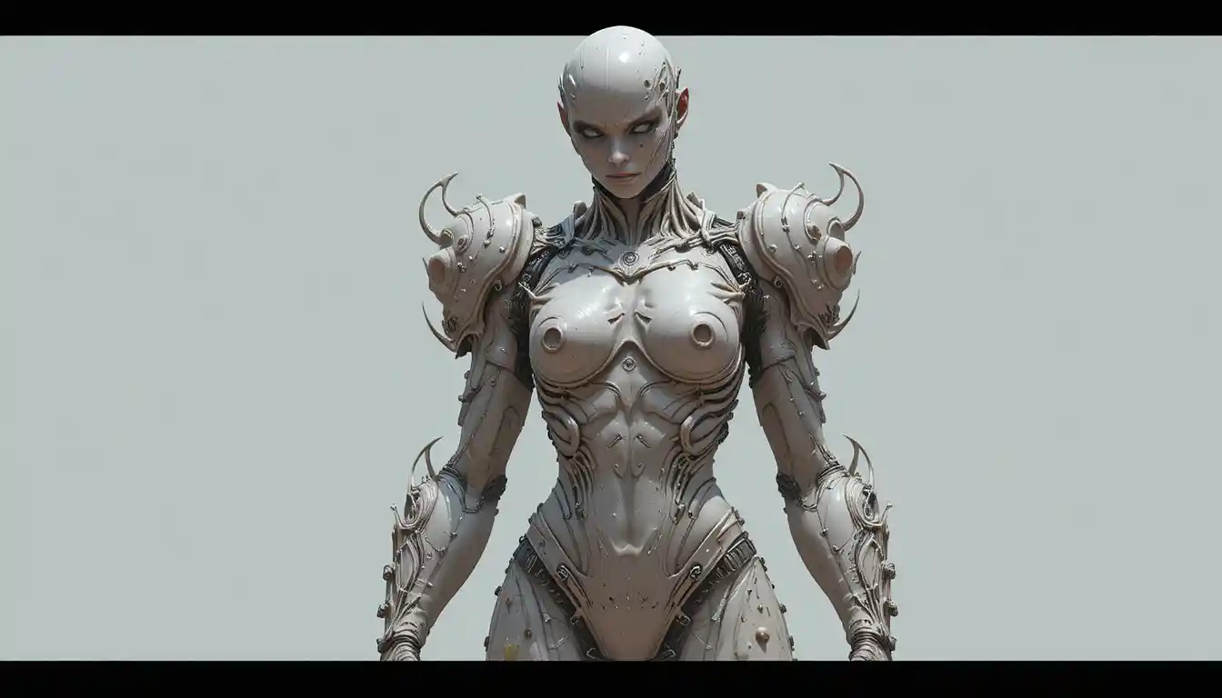 Full body latex armored warrior woman character concept