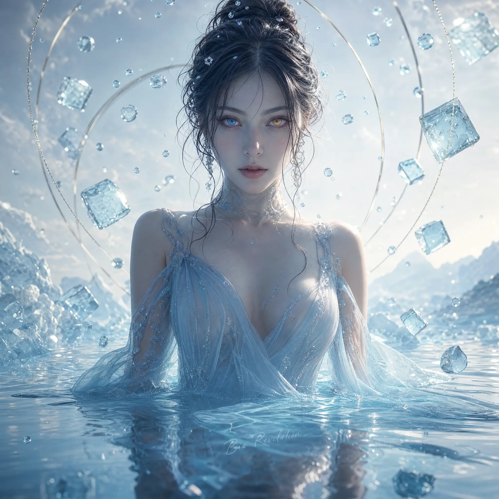 凍りついた鏡のような水面から立ちのぼる神秘的な女性