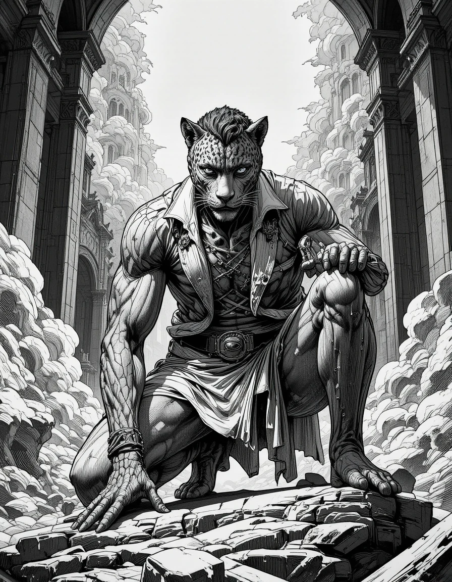 Anthropomorphic male leopard crouched in dramatic close up engraving