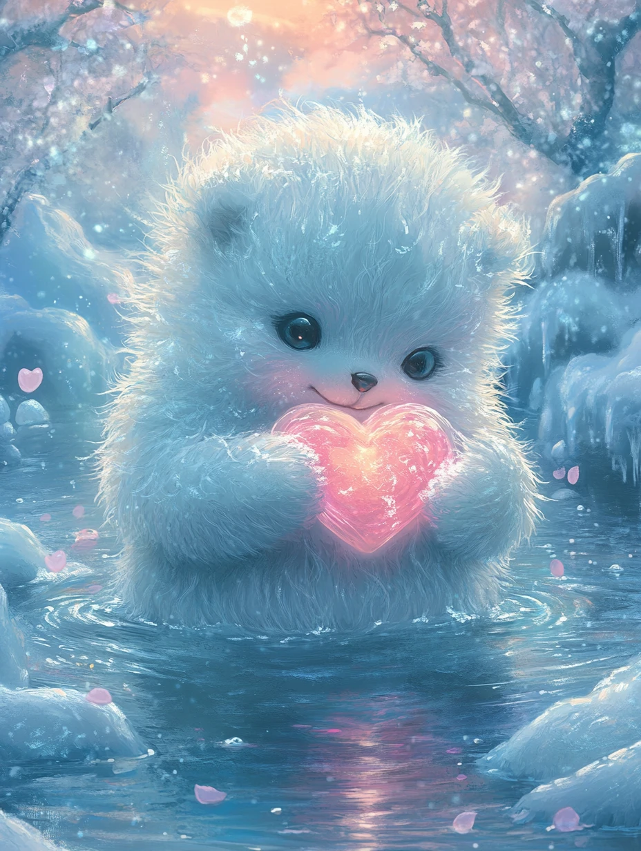 Tiny white yeti cub splashing with a glowing heart snowball