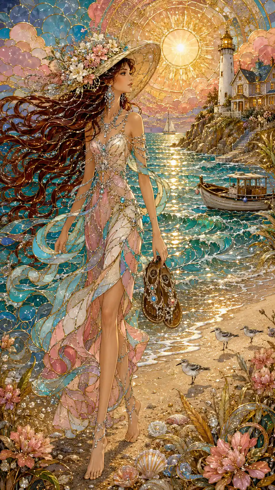 Elegant woman walking along a sunset art nouveau beach