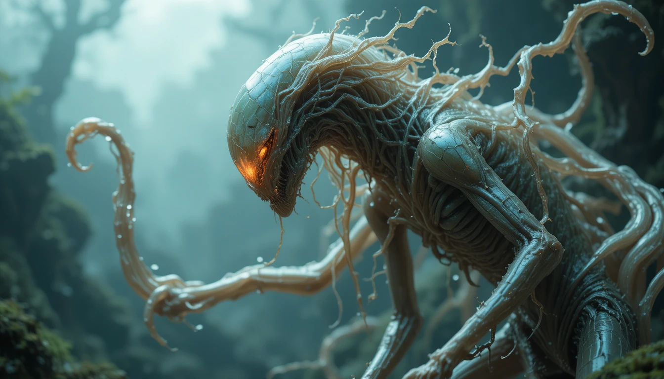 Alien latex symbiote with branching tendrils and inner glow