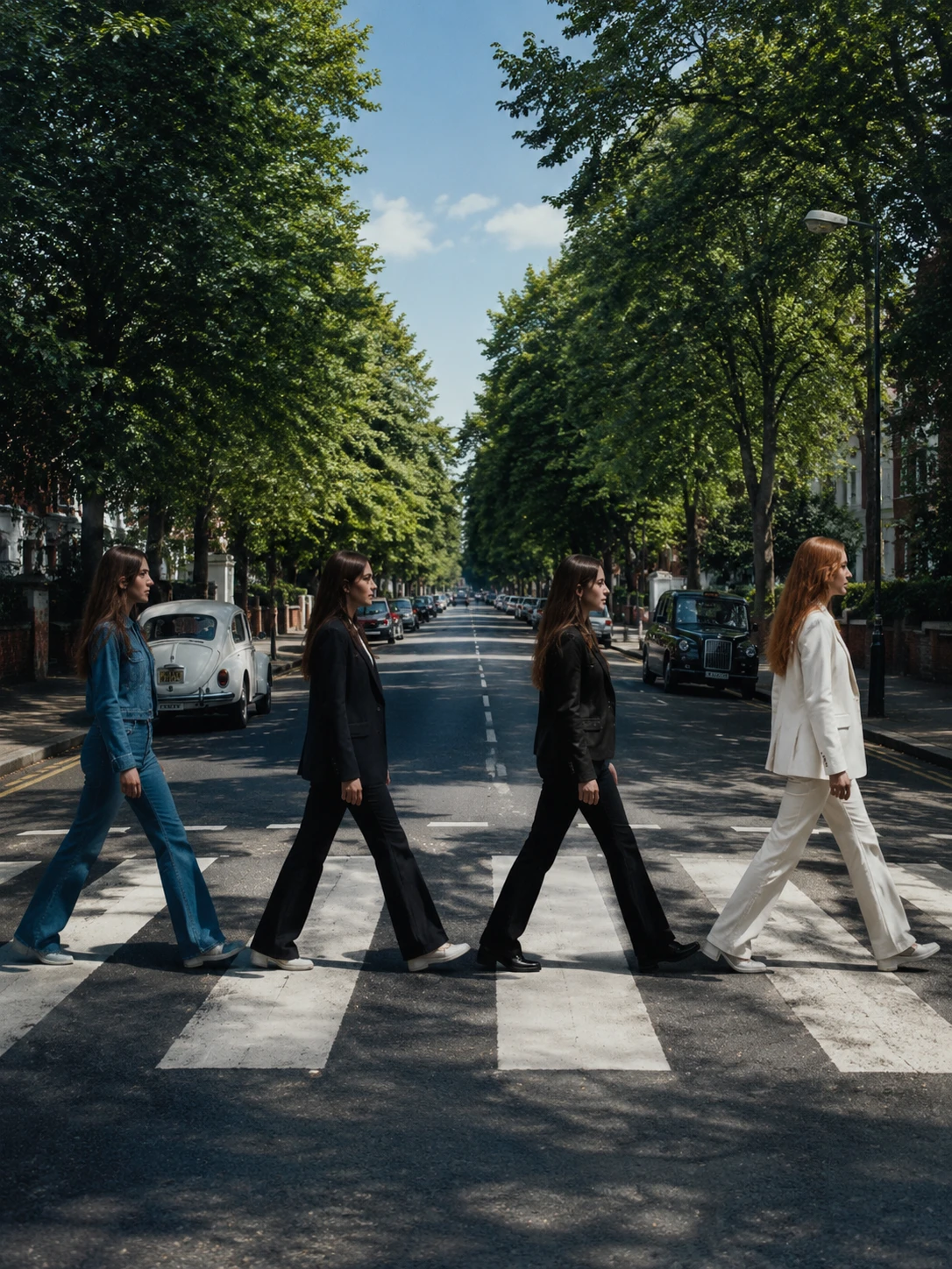 Four young women crossing a city street crosswalk
