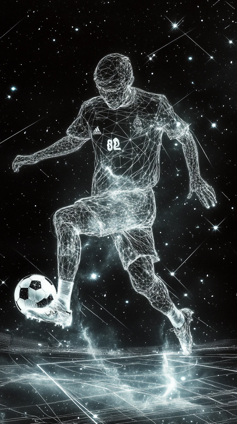 Starlit soccer player dribbling across a cosmic field