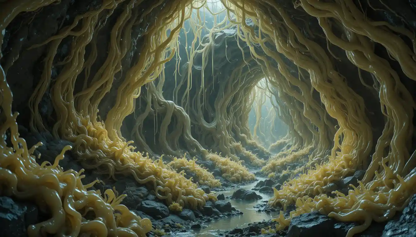 Caverna Aliena Piena di Simbionti di Lattice Vivi Intrecciati