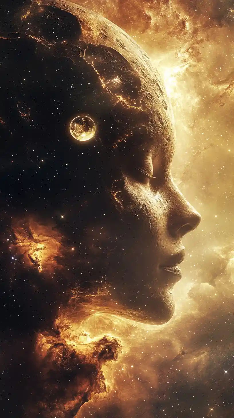 Alien face merging with a planet in cosmic landscape