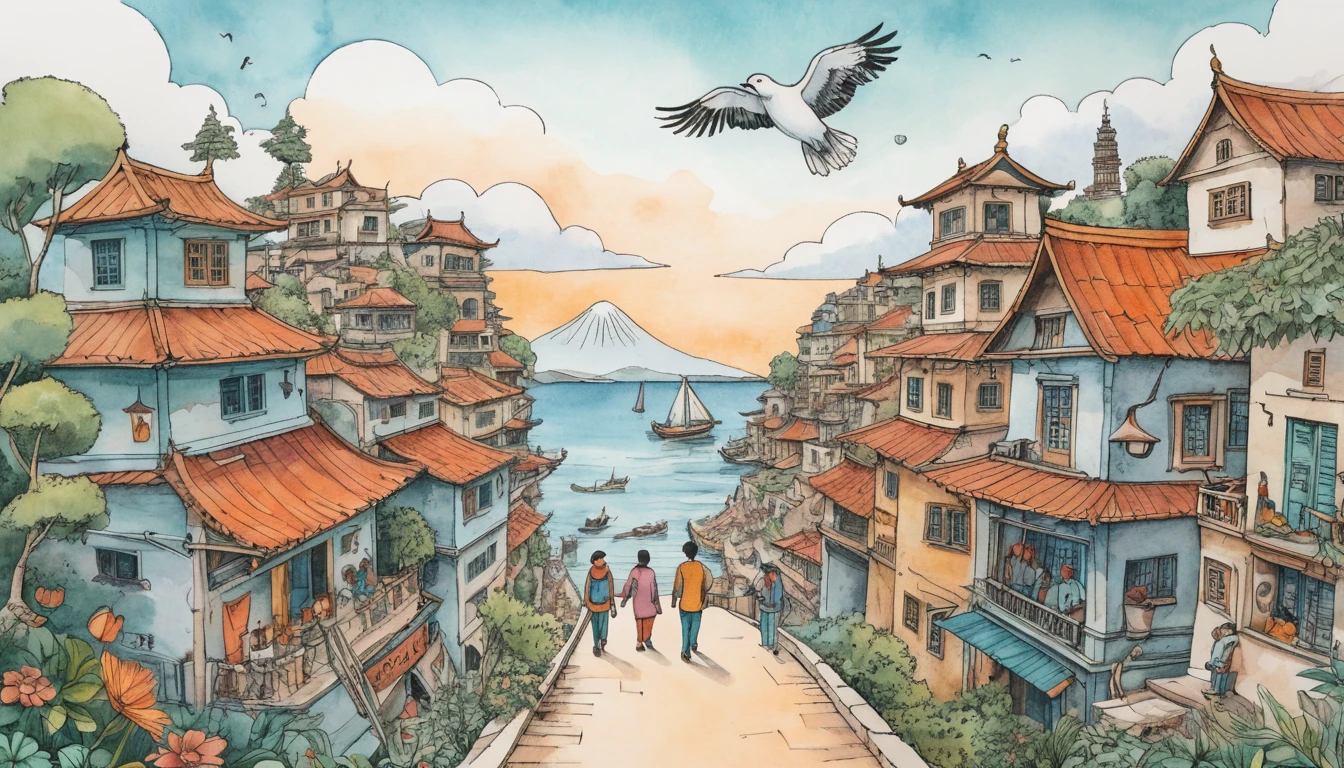 Hand drawn Kathmandu inspired cityscape in watercolor illustration