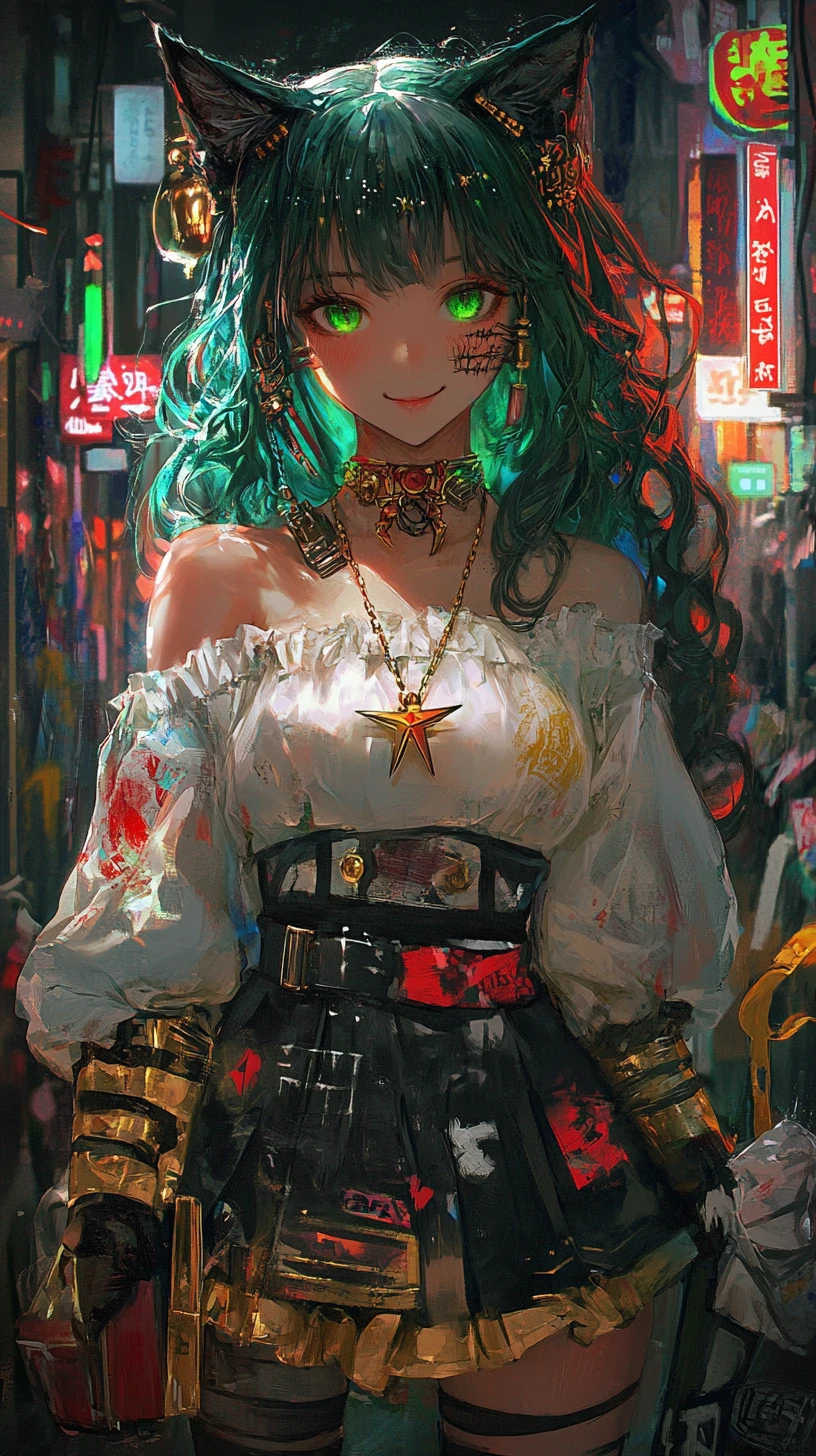 Chica gato de anime con atuendo dorado y detalles mágicos