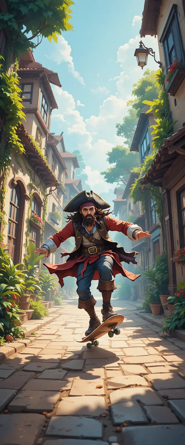 Pirate Racing On A Skateboard Through A Narrow Town Street