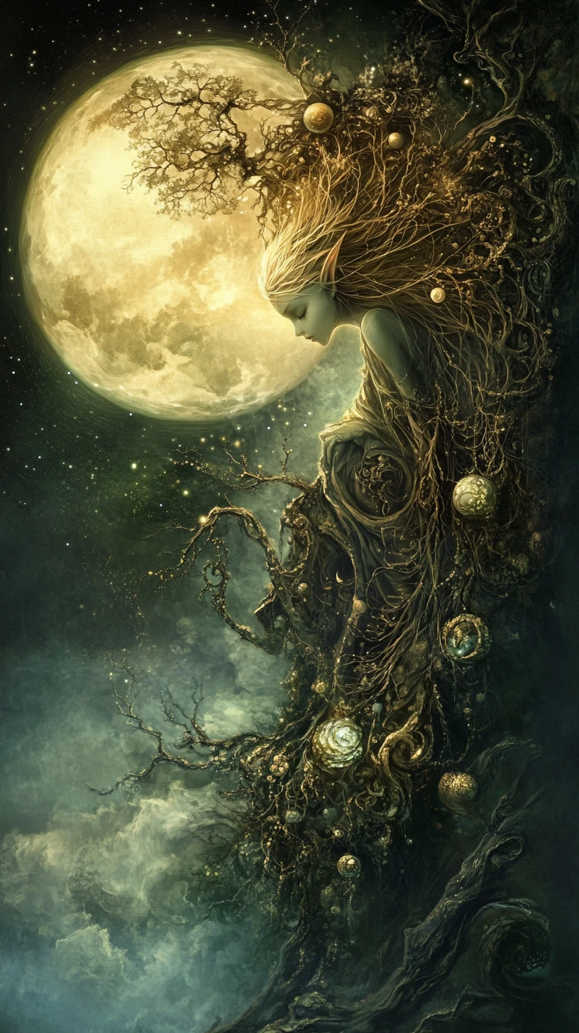 Ethereal elf woman drifting through a moonlit mystical landscape