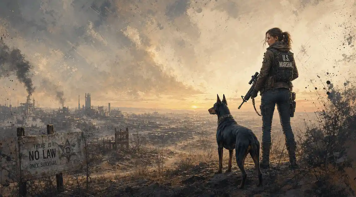 Young marshal and doberman in post apocalyptic wasteland