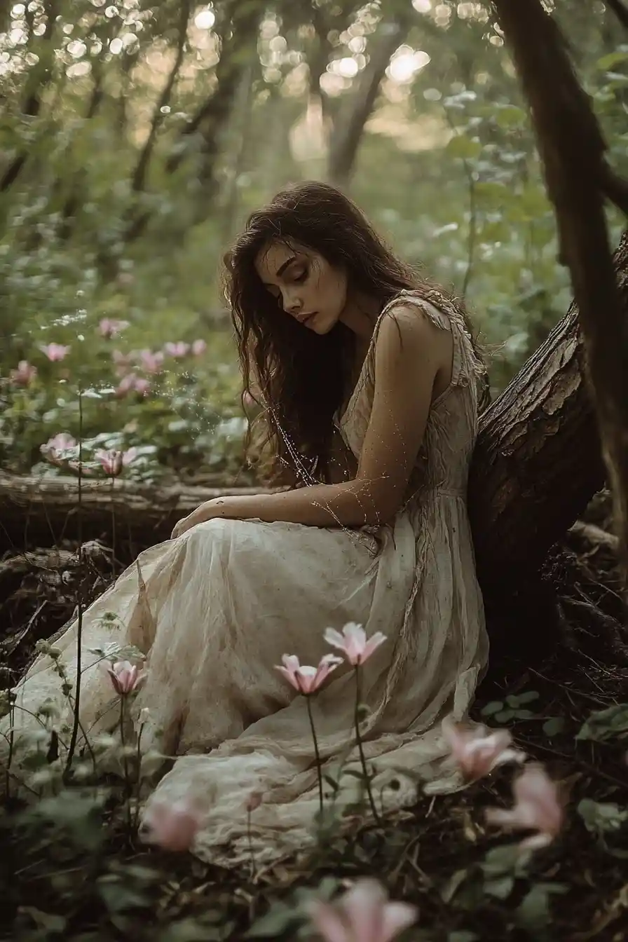 Woman in tattered sheer dress resting against a forest log