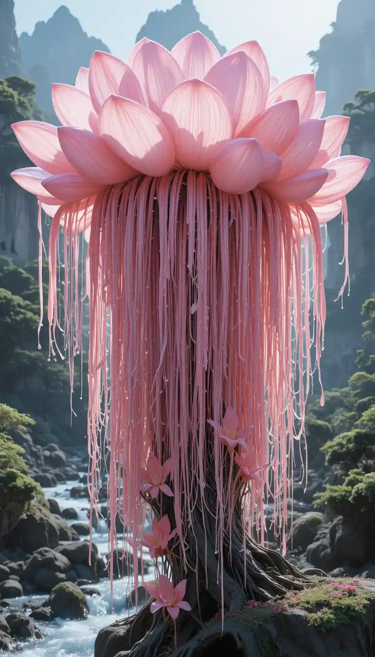 Fantasy pink flower beside a crystal mountain stream