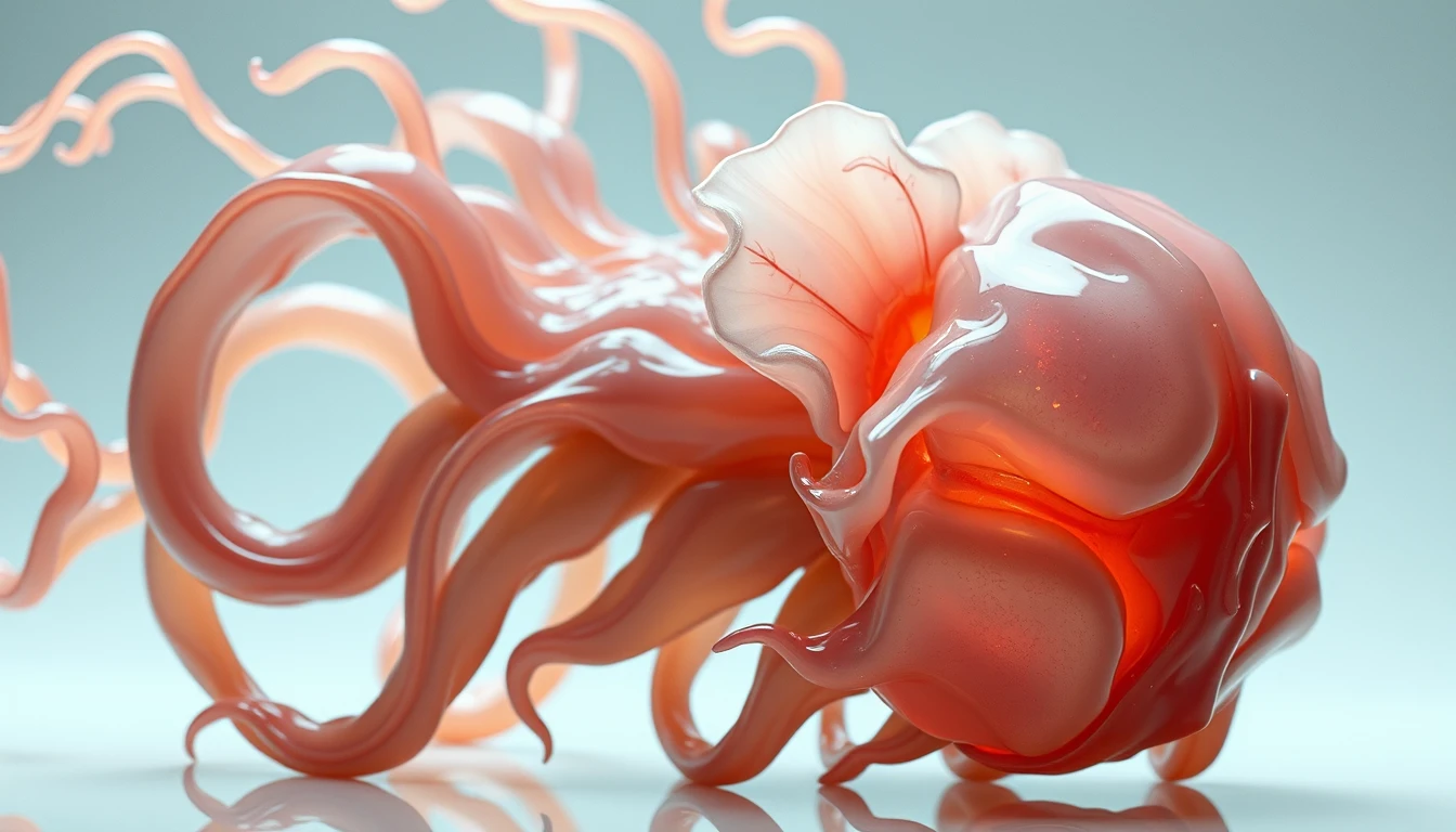 Translucent latex symbiotic creature with flowing biomorphic tendrils