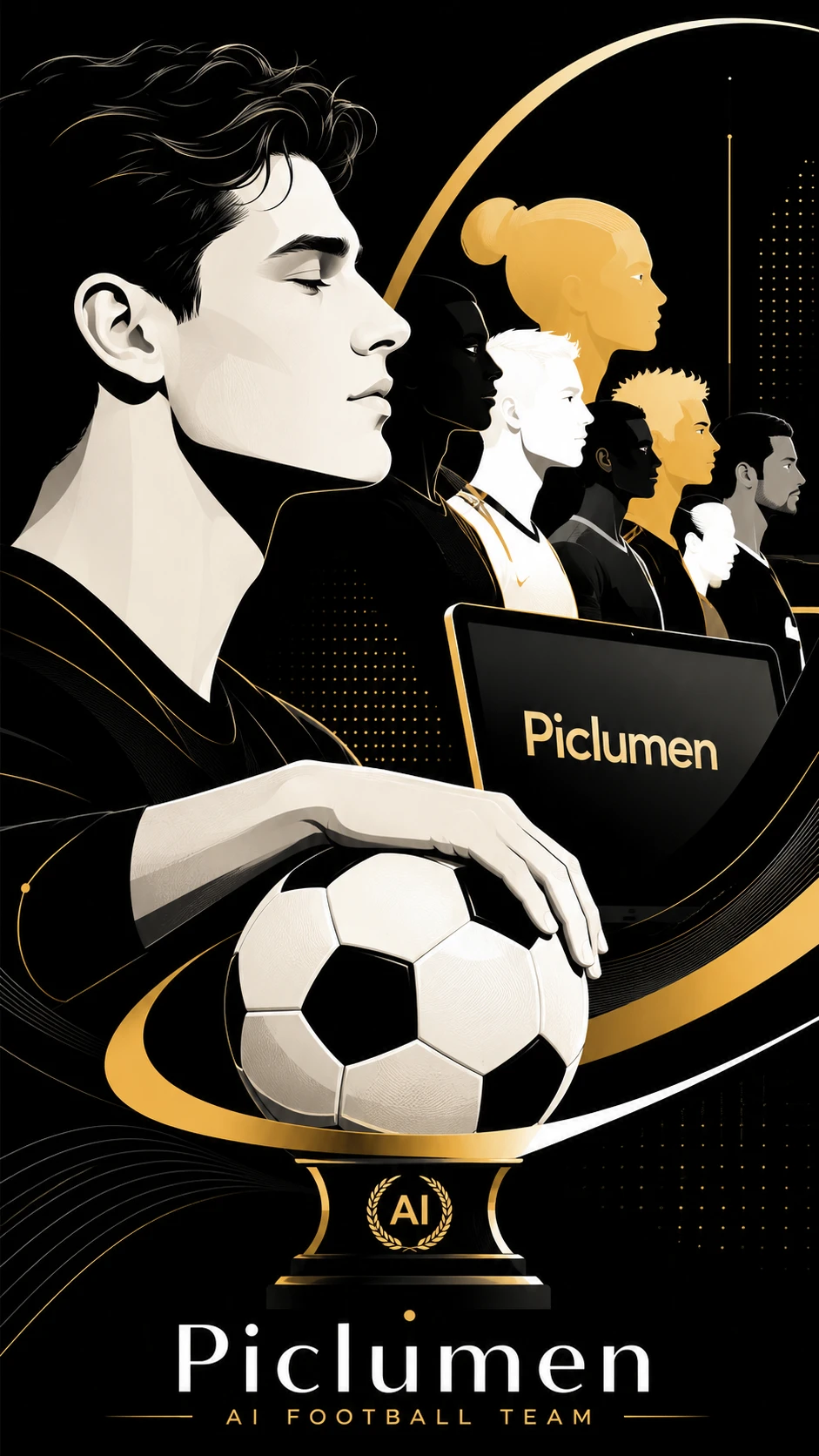 Futuristic football poster with calm male profile and ball