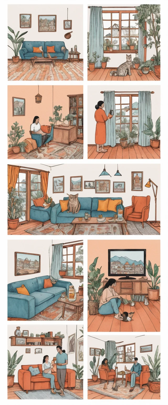 Hand drawn Kathmandu style illustration of a cozy cityscape
