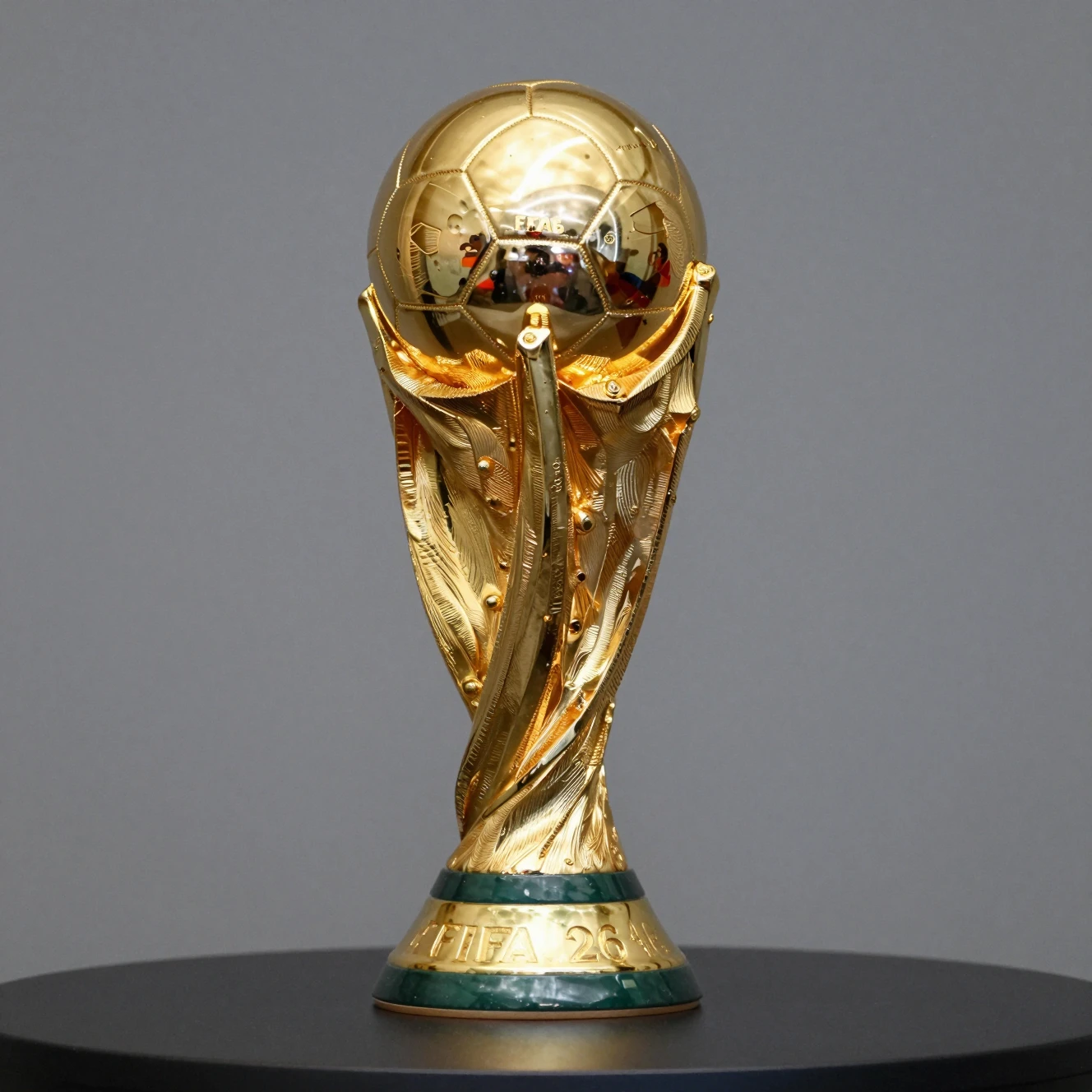 Golden World Cup style trophy on table with grey backdrop