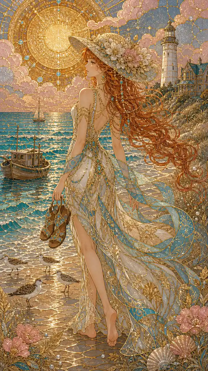 Graceful woman walking along a sunset beach