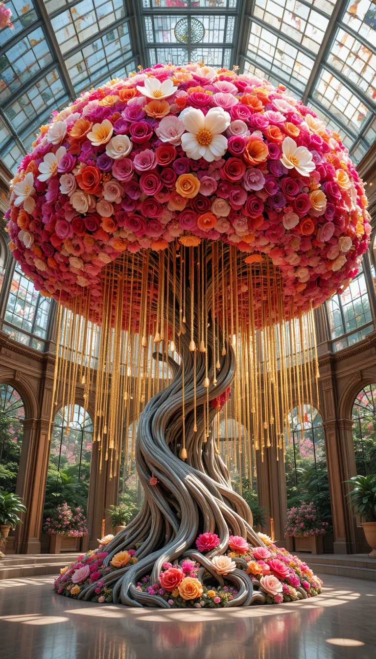 Fantasy flower tree sculpture in a glass conservatory